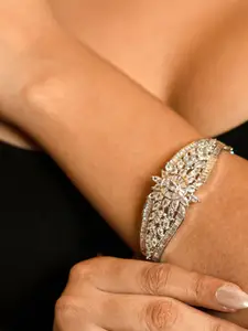 Opal Touch Women Brass Cubic Zirconia Tasselled Rhodium-Plated Kada Bracelet