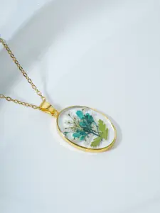 Bishty Fashion Gold-Plated Stainless Steel Dried Flower Resin Oval Pendant with Chain