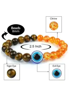 Sukhad Tigers Eye and Citrine Beaded Evil Eye Elasticated Bracelet