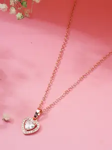 Bishty Fashion Rose Gold-Plated Stainless Steel CZ-Studded Heart Shaped Pendant with Chain