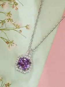 Bishty Fashion Silver-Plated Stainless Steel Cubic Zirconia-Studded Square Pendant & Chain