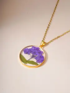 Bishty Fashion Gold-Plated Stainless Steel Dried Resin Real Flower Pendant with Chain