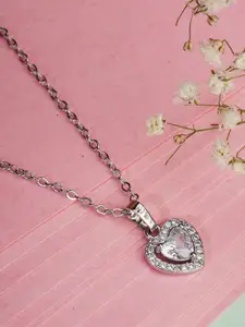 Bishty Fashion Rhodium-Plated Artificial Stones Studded Heart Shaped Pendant with Chain