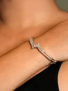 Opal Touch Women Brass Cubic Zirconia Tasselled Rhodium-Plated Kada Bracelet