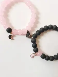 Sukhad Set Of 2 Beaded Heart and Half Moon Charm Elasticated Bracelets