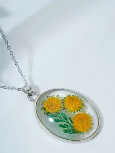 Bishty Fashion Silver-Plated Stainless Steel Dried Real Sunflowers Resin Pendant & Chain