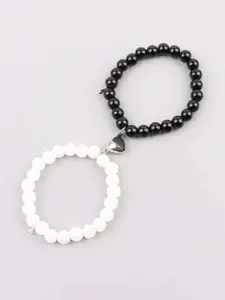 Sukhad Set Of 2 Onyx Beaded Wrist Band Heart Magnetic Elasticated Bracelets