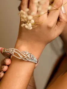 Opal Touch Women Brass Cubic Zirconia Tasselled Rhodium-Plated Kada Bracelet