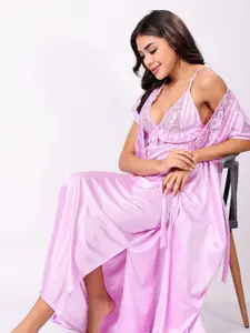 Night Keys Women Lavender Soild Satin Night Dress With Robe