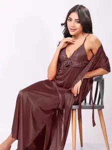 Night Keys Women Brown Soild Satin Night Dress With Robe
