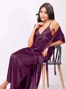 Night Keys Women Wine Soild Satin Night Dress with Robe