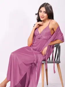 Night Keys Women Onion Soild Satin Night Dress With Robe