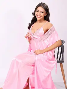 Night Keys Women Pink Soild Satin Night Dress with Robe