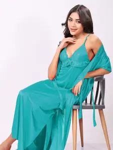 Night Keys Women Rama Green Soild Satin Night Dress with Robe
