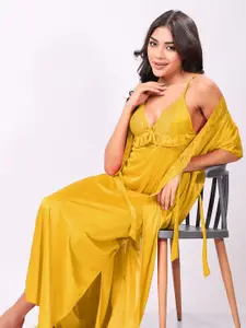 Night Keys Women Yellow Soild Satin Night Dress with Robe