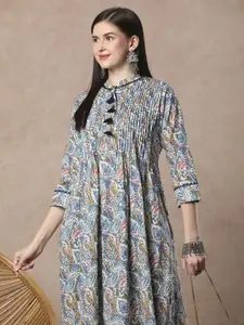 FASHOR Paisley Printed & Pin Tucked Mandarin Collar A-Line Cotton Kurta
