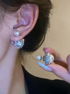 Jewels Galaxy Silver-Plated American Diamond Studded & Pearls Beaded Spherical Studs