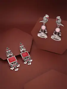 Anouk Set Of 2 Silver-Plated Oxidised Square Shaped Drop Earrings