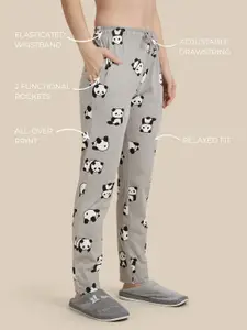 TWIN BIRDS Women Ghost Grey Printed Cotton Round Neck With Pant Night suits