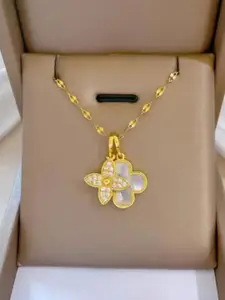 Brijsun Gold-Plated Cubic Zirconia & Mother of Pearls Studded Pendant With Chain