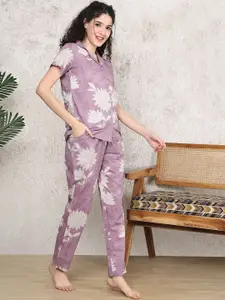 Boston Club Women Floral Printed Lapel Coller Night suit