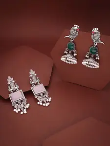 Anouk Set Of 2 Silver-Plated Artificial Stones Studded & Beaded Contemporary Drop Earrings