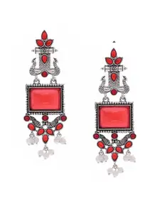 Anouk Set Of 2 Silver-Plated Stones Studded & Beaded Square Oxidised Drop Earrings