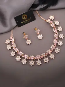 Anouk Brass-Plated RoseGold Plated White and Pink AD Studded Necklace Jewellery set