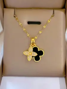 Brijsun Gold-Plated Crystal-Studded Dual Floral Charm Pendant With Chain