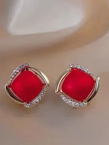 PASU FASHION Gold-Plated Pearls & Rhinestone Studded Square Shaped Studs