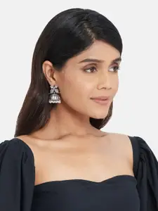 Anouk Sangria Set of 2 German Silver Plated & Green Stone Studded floral shaped Jhumkas & Necklace