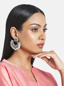 Anouk Sangria Set of 2 German Silver Plated & Green Stone Studded floral shaped Chandbalis & Necklace