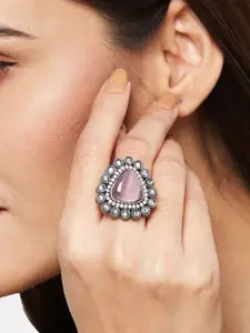 Anouk Sangria Set of 25 Silver Plated & Pink Stone Studded Textured Ring & Bangles
