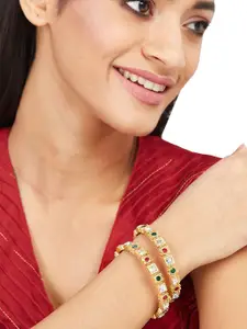 Anouk Set of 3 Gold Plated & Multicolour Stone Studded Floral Shaped Maangtikka & Bangles