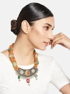 Anouk Sangria Silver-Plated Jute Stone-Studded Necklace with Beads drop