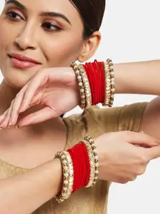 Anouk Set of 32 Copper Plated & Red Velvet with Pearl & Kundan Stone Studded Bangle Set