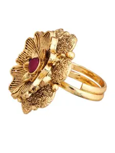 Anouk Set of 5 Gold Plated & Maroon Stone Studded Floral Shaped Dual toned Bangles & Ring
