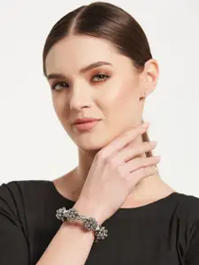 Anouk Sangria Set of 2 German Silver Plated & Green Stone Studded floral shaped Bracelet & Necklace