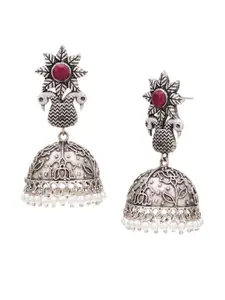 Anouk Sangria Set Of 2 German Silver Silver-Plated Artificial Stone Studded & Beaded Jhumkas
