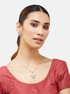 Anouk White-Pink Cubic Zirconia Stone Studded Floral Shaped Pendant jewellery set