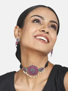 Anouk Sangria Silver-Plated German Silver Floral inspired choker Necklace Set with Beads Drop