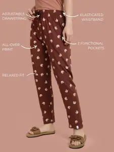 TWIN BIRDS Women Dark Chocolate Cotton Printed Night Pant