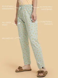 TWIN BIRDS Women Frosty Green Cotton Printed Night Pant