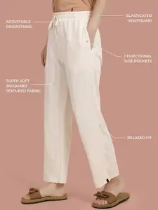 TWIN BIRDS Women Cream Textured Cotton Night Pant