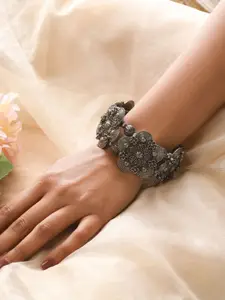 Sangria Silver-Plated Oxidised Textured Bangle-Style Bracelet