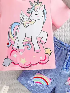 INCLUD Girls Printed Round Neck T-Shirt With Shorts