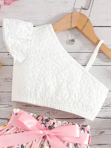 INCLUD Girls Self Design One Shoulder Crop Top with Skirt