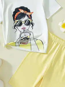 INCLUD Girls Printed Round Neck T-Shirt With Capri