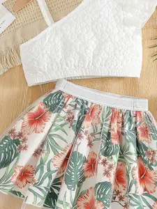 INCLUD Girls Self Design One Shoulder Crop Top with Skirt