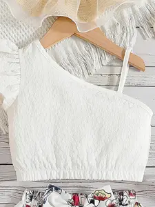 INCLUD Girls Self Design One Shoulder Crop Top with Skirt